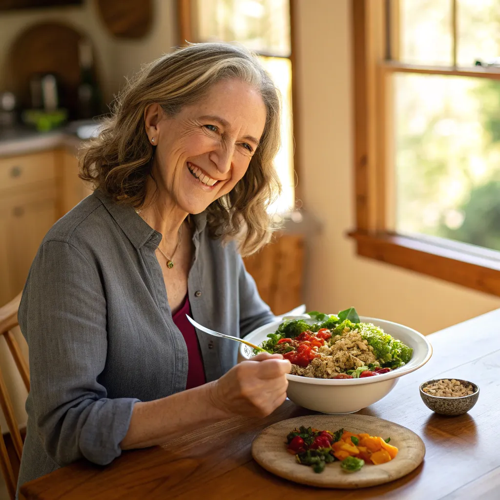 Photo of Jane Albright enjoying a healthy dish